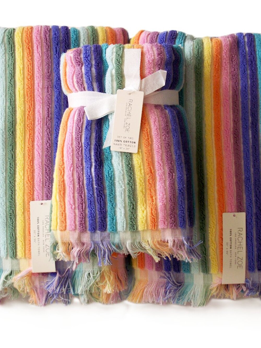 4 Pc Rachel Zoe Towel Set 2 Bath 2 Hand Rainbow Fringed 100% Cotton NWT